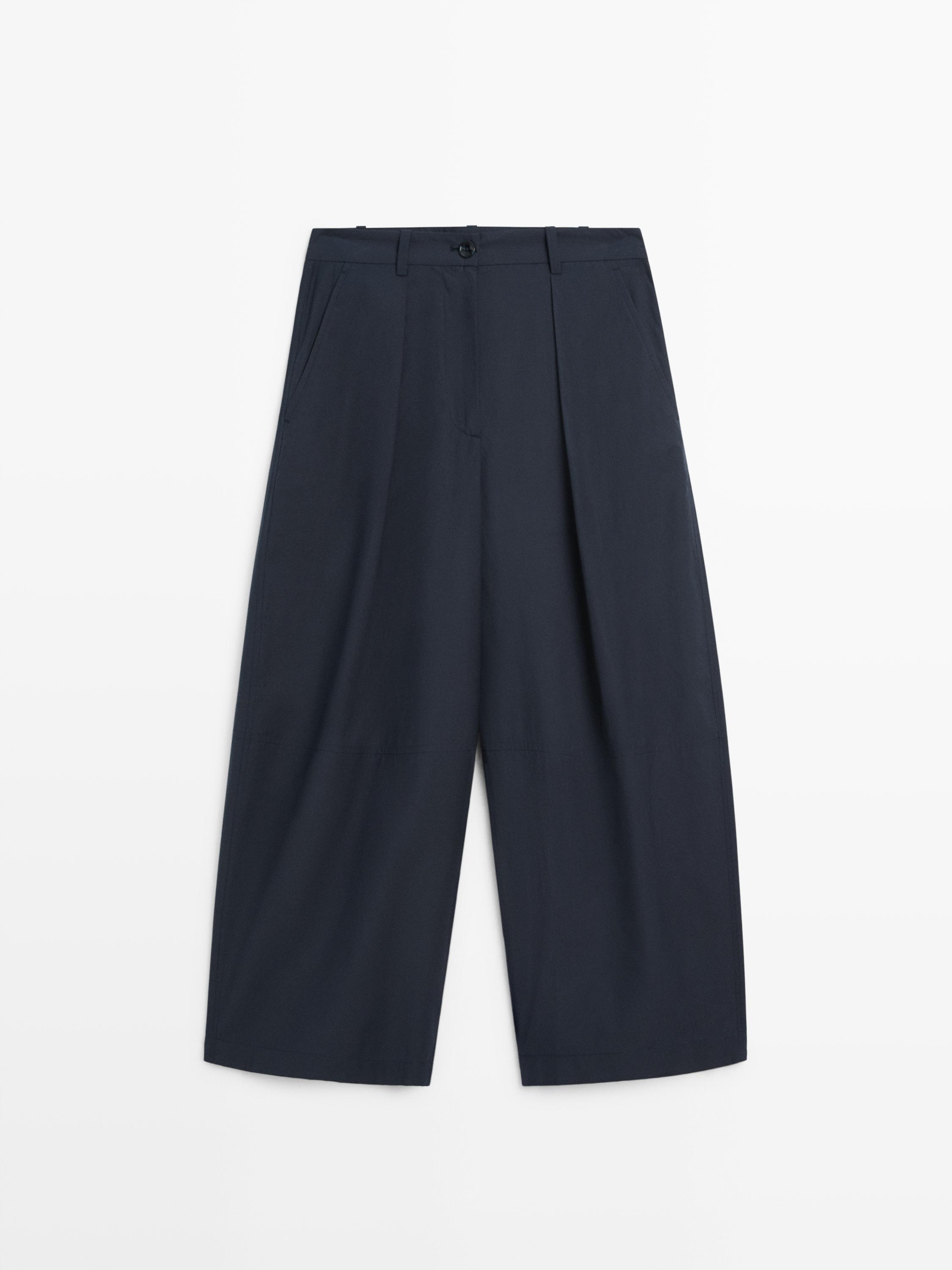 Cotton blend wide-leg trousers
